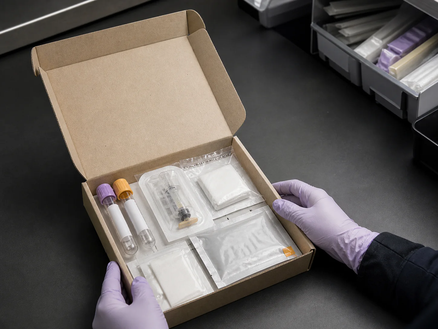 An at-home blood testing kit laid out before sample collection.