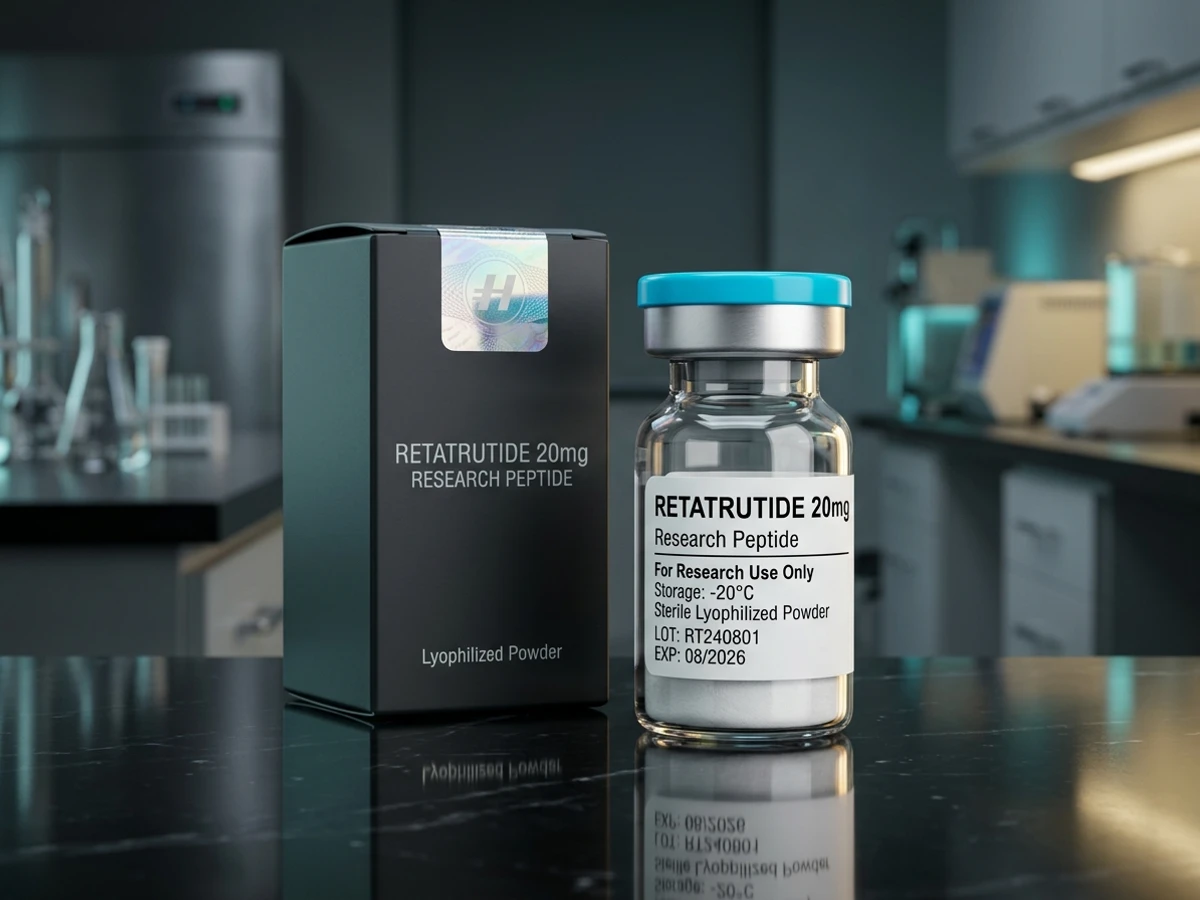 Trident Labs Retatrutide 20mg lyophilized research peptide vial and packaging.