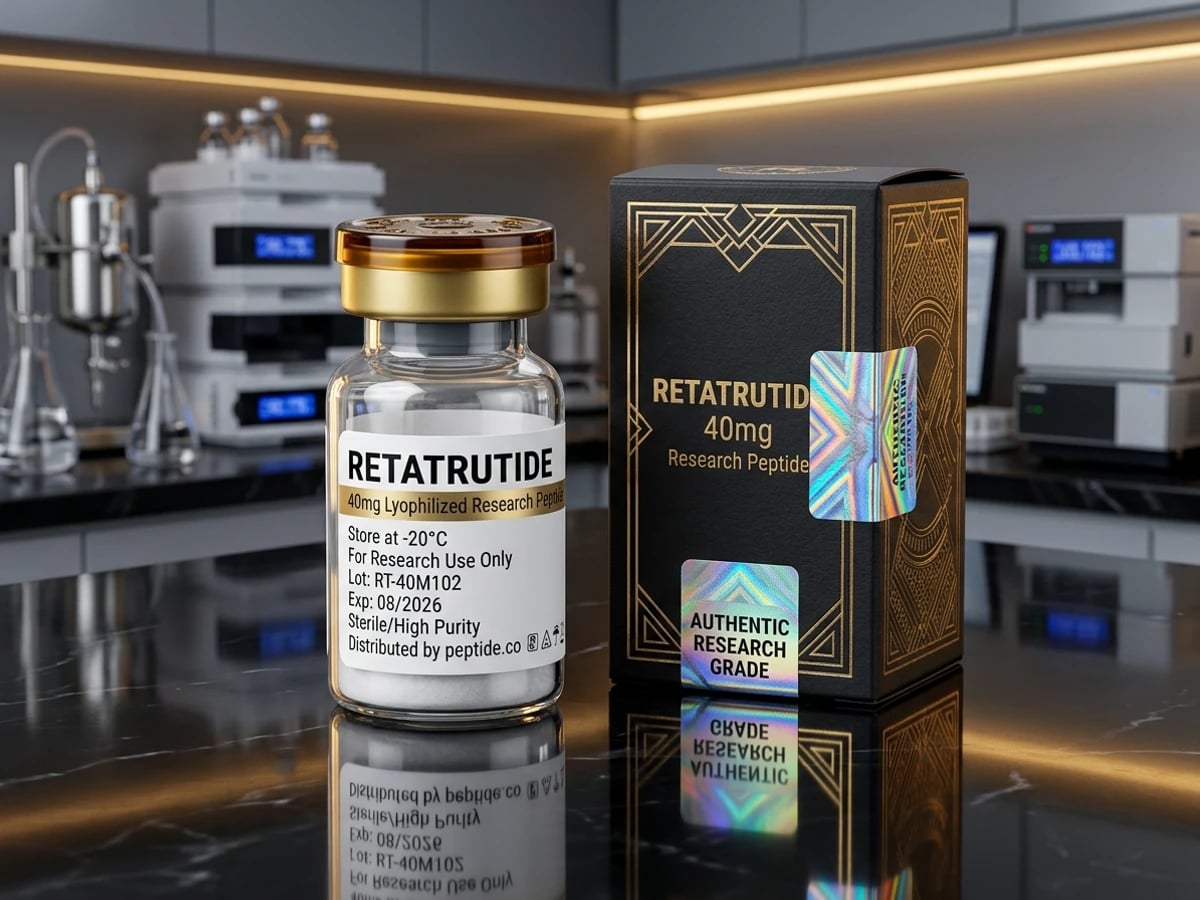 Trident Labs Retatrutide 40mg lyophilized research peptide vial and packaging.