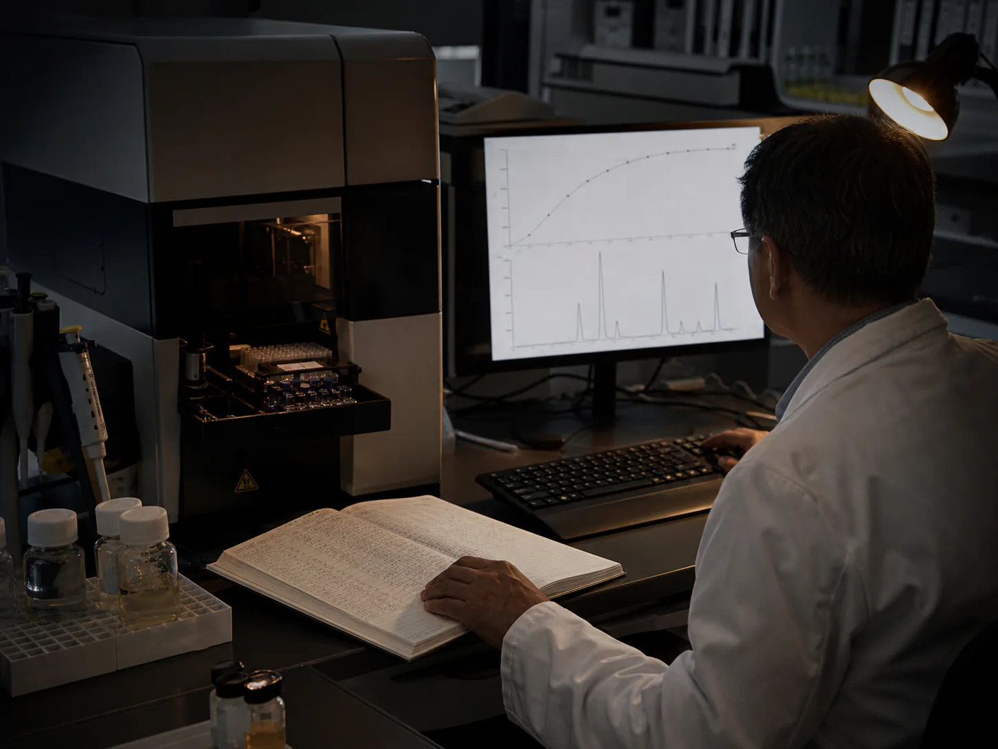 Laboratory data being reviewed on screen.
